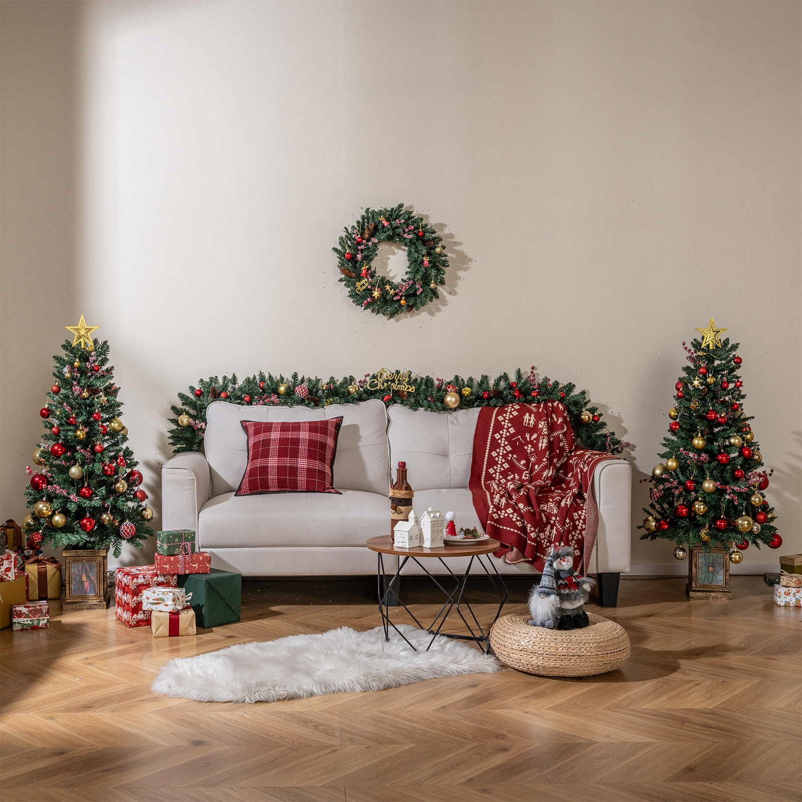 2er Set 120 cm Mini Künstlicher Weihnachtsbaum im Topf mit Weihnachtsgirlande & -kranz 2er Set 120 cm Mini Künstlicher Weihnachtsbaum im Topf mit Weihnachtsgirlande & -kranz von Costway