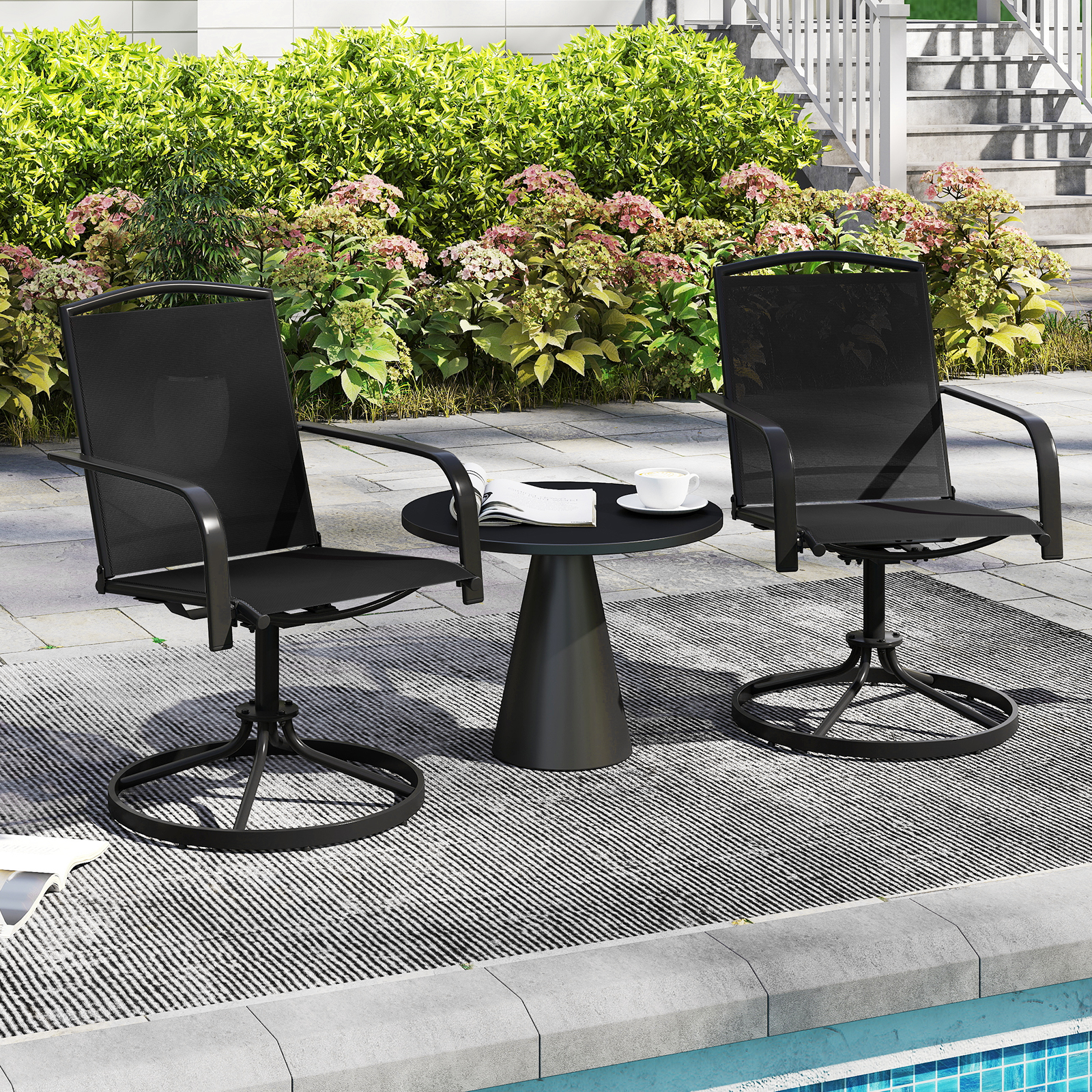 2er Set 360° Drehbare Gartenstühle mit Schnell Trocknendem Stoff Terrassenstühle Schwarz von Costway