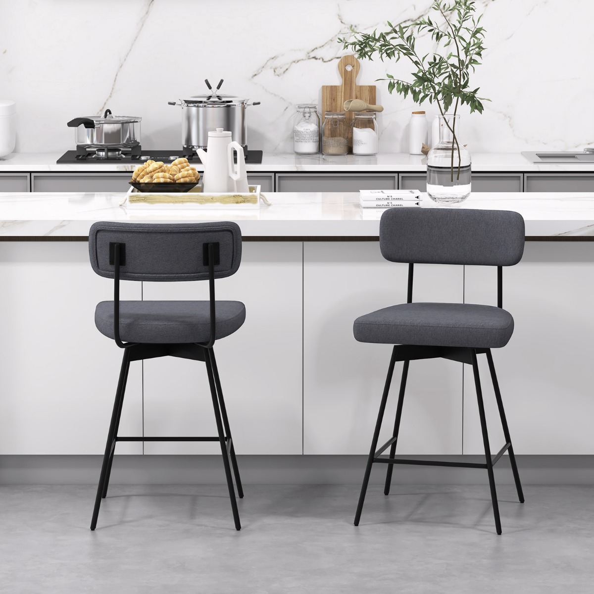 2er Set Barhocker drehbar Barstuhl gepolstert mit Rückenlehne & Fußstütze Grau von Costway