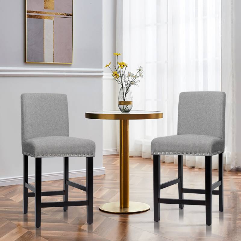 2er Set Barhocker mit Beinen aus Gummiholz & Atmungsaktivem Leinengewebe Barstühle Grau von Costway