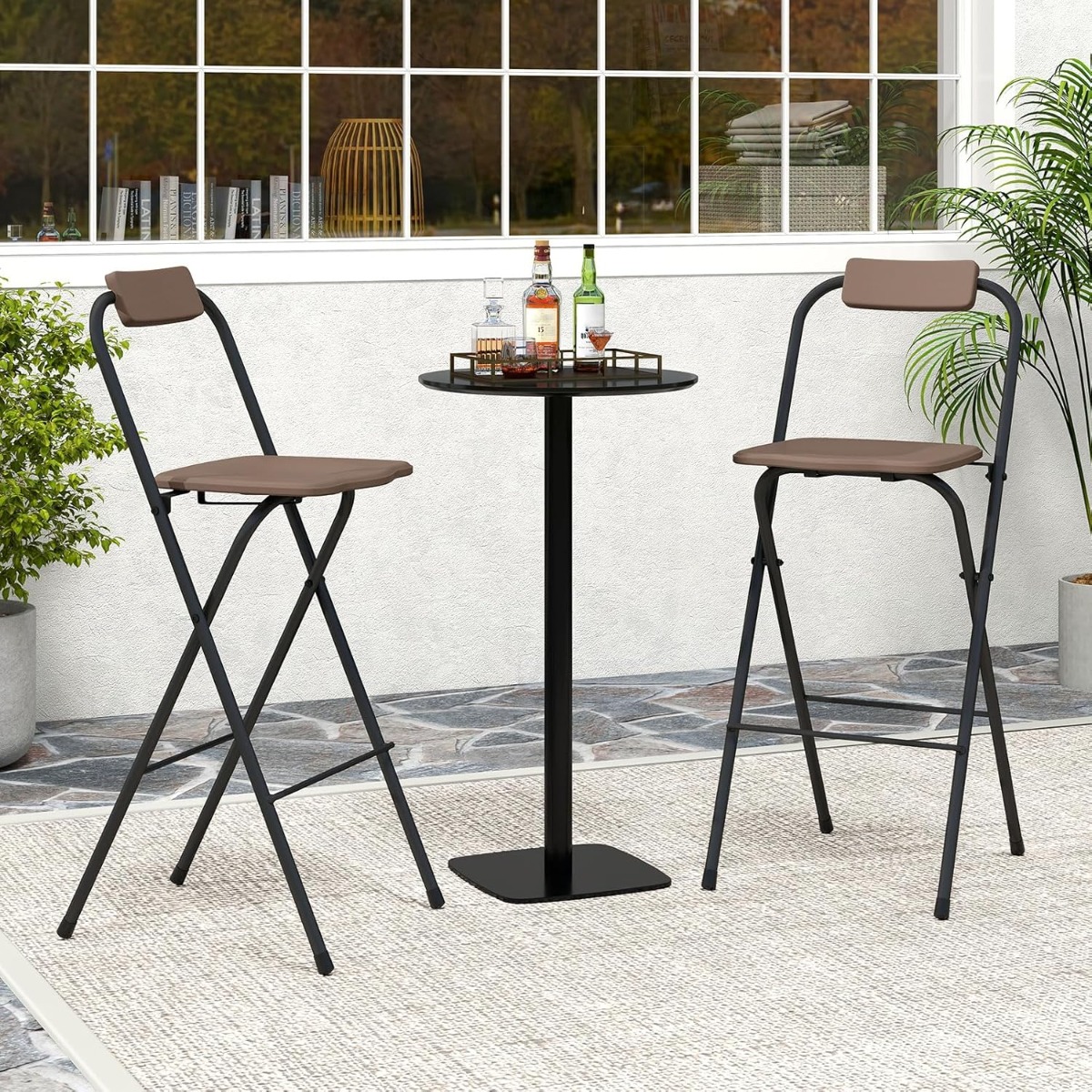 2er Set Barhocker mit Rückenlehne & Fußstütze Klappbare Barstühle bis zu 150 kg Belastbar Braun von Costway