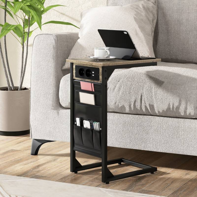 2er Set C-förmiger Beistelltisch mit Ladestation & USB Anschlüssen & Seitentasche Nachttisch von Costway