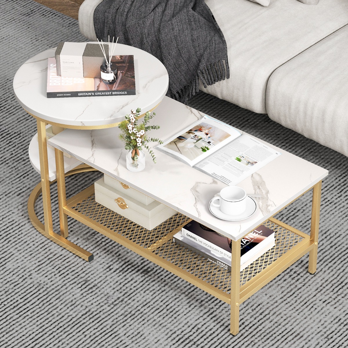 2er Set Couchtisch Beistelltisch Marmor Optik mit Metallrahmen & Ablage Gold und Weiß von Costway