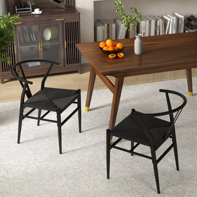 2er Set Esszimmerstühle Küchenstühle mit Y-förmiger Rückenlehne & geflochtenes Rattan-Sitzkissen Akzentstühle stapelbar Schwarz von Costway