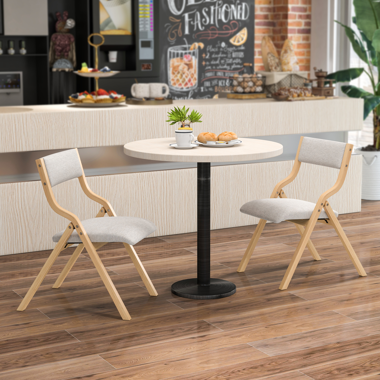 2er Set Esszimmerstuhl mit Gepolsterten Sitzen & Massivholzrahmen Klappstühle Natur von Costway