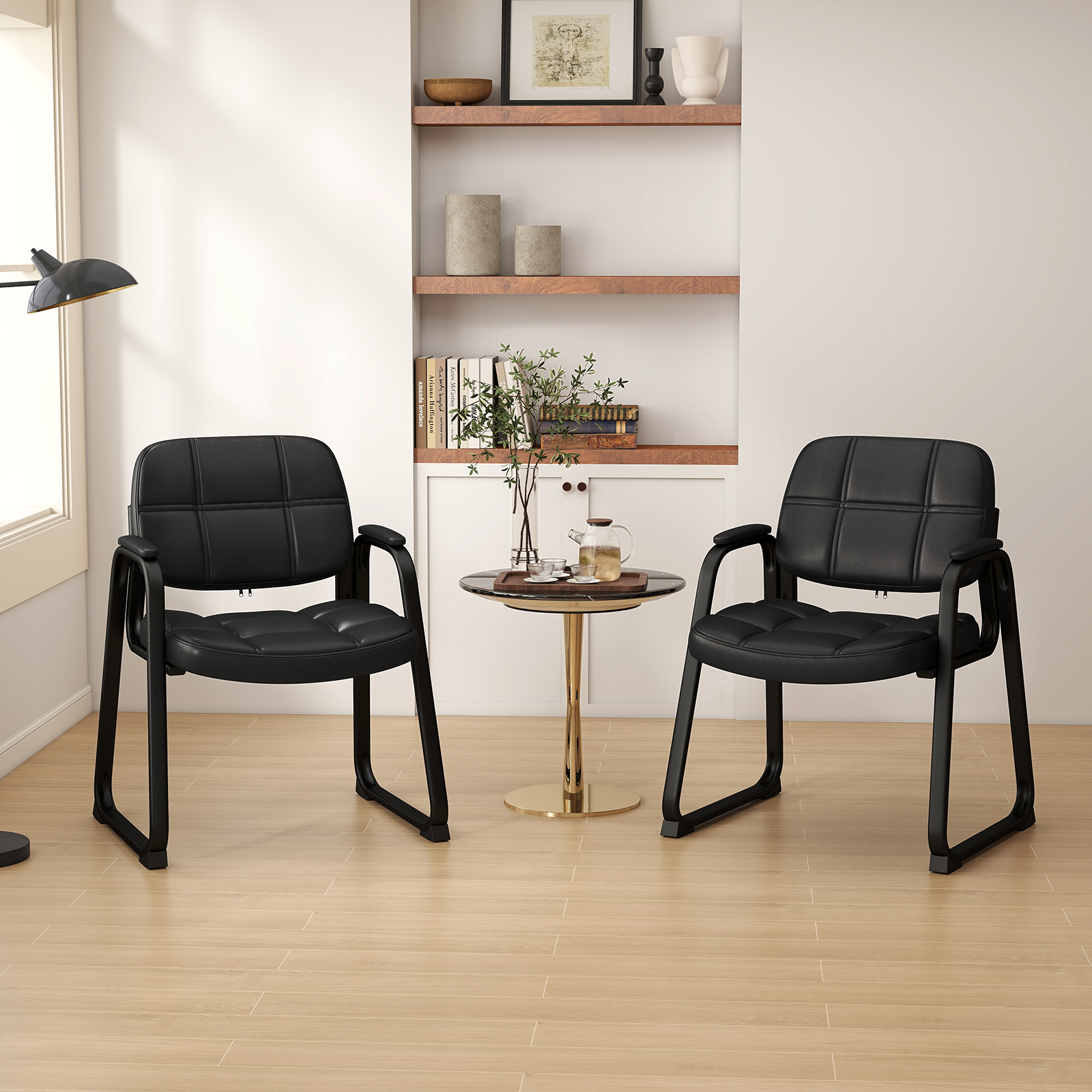2er Set Gästestühle Ergonomischer Empfangsstuhl mit Metallrahmen & Gepolsterten Armlehnen Schwarz von Costway