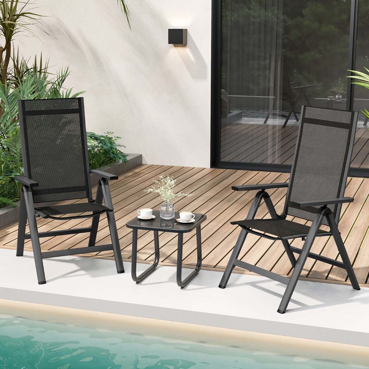 2er Set Gartenstühle Alu wetterfester Klappstuhl mit 7-Fach Verstellbarer Rückenlehne Schwarz von Costway