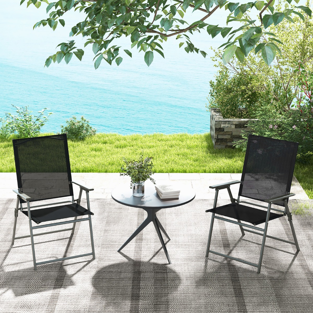 2er Set Gartenstühle Klappstühle mit wetterfestem Stoff Balkonstühle mit Armlehnen Schwarz von Costway
