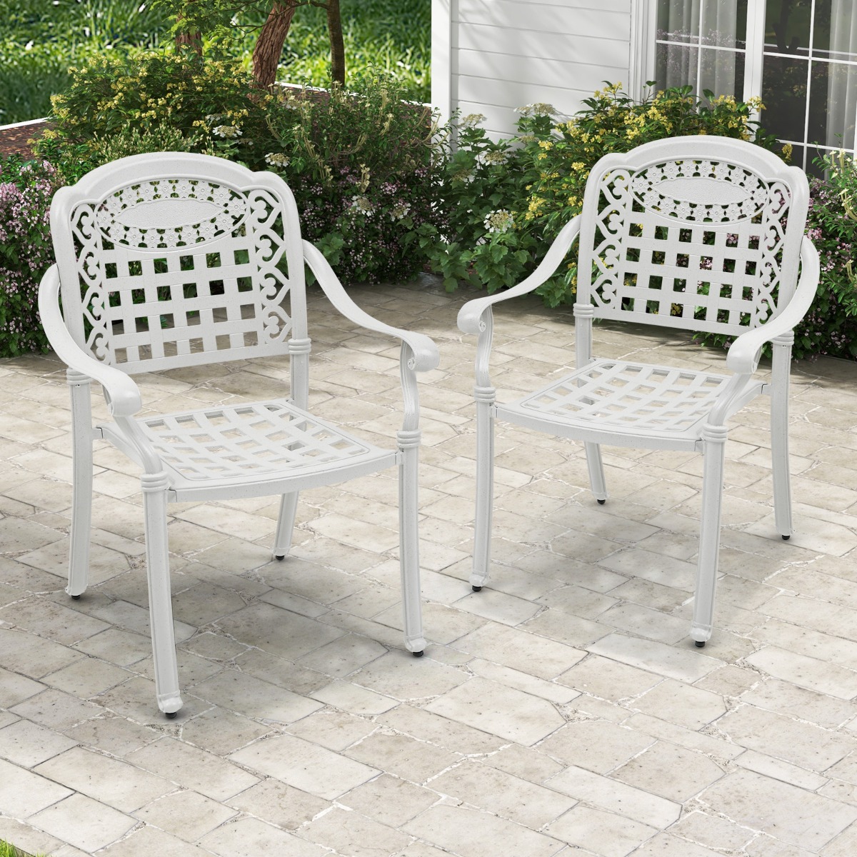 2er Set Gartenstühle aus Alu mit Armlehnen Stapelstühle Gartensessel für Balkon Weiß von Costway
