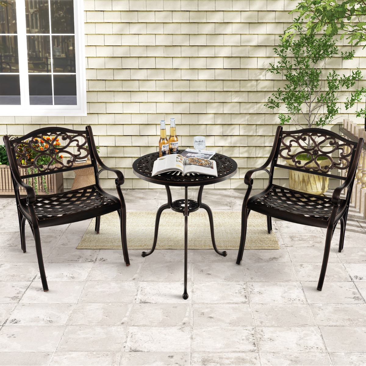 2er Set Gartenstühle aus Aluminiumguss mit Armlehnen Wetterfeste Terrassenstühle Bronze von Costway