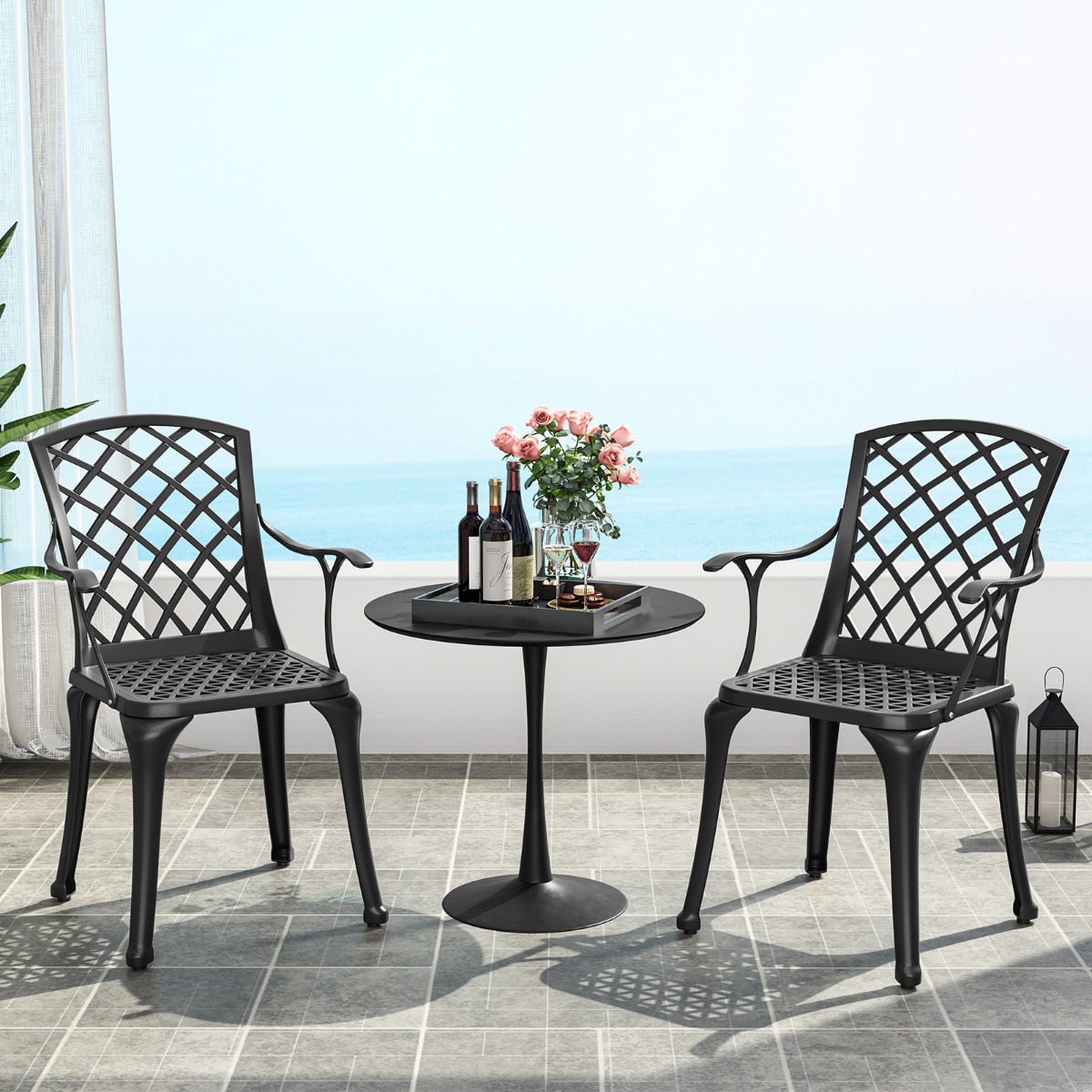2er Set Gartenstühle aus Aluminiumguss wetterfeste Terrassenstühle mit Armlehnen Schwarz von Costway