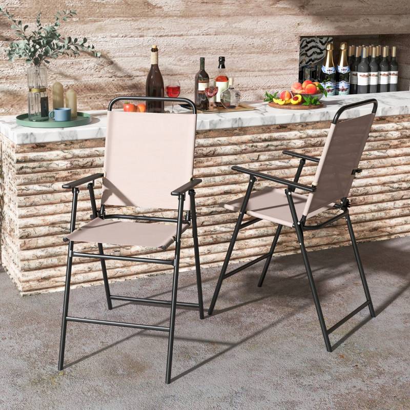 2er Set Gartenstühle hohe Klappstühle mit Fußstütze Sitzhöhe 63 cm Beige + Metall von Costway