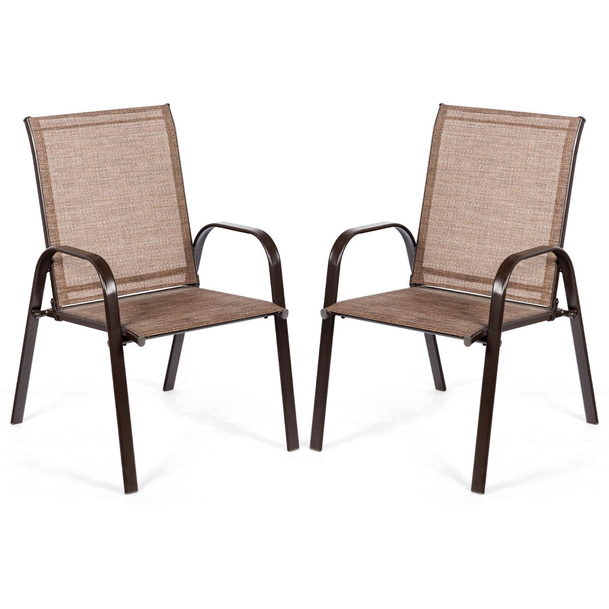 2er Set Gartenstühle mit Gebogenen Armlehnen & Verstärktem Metallrahmen Outdoor Bistrostühle Braun von Costway