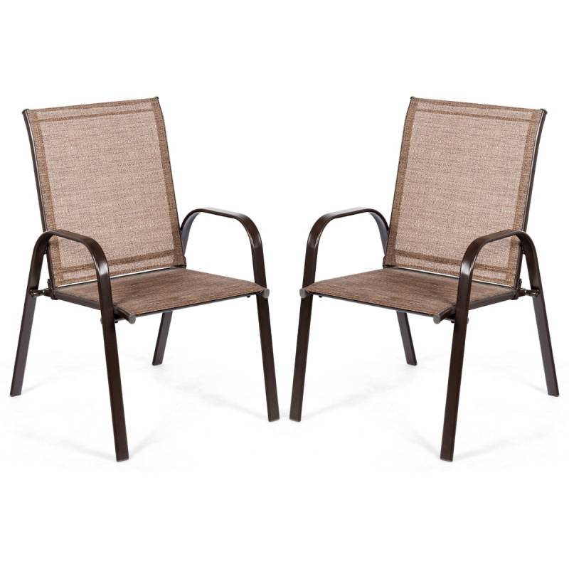 2er Set Gartenstühle mit Gebogenen Armlehnen & Verstärktem Metallrahmen Outdoor Bistrostühle Braun von Costway