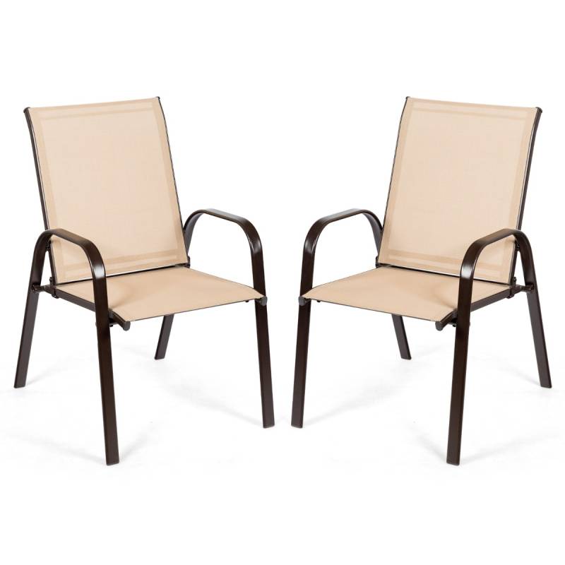 2er Set Gartenstühle mit gebogenen Armlehnen & verstärktem Metallrahmen Outdoor Bistrostühle Beige von Costway