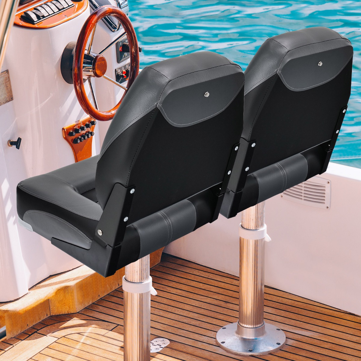 2er Set Klappbarer Bootssitz mit 11 cm Dicker Schwammpolsterung Gepolsterter Steuerstuhl Schwarz von Costway