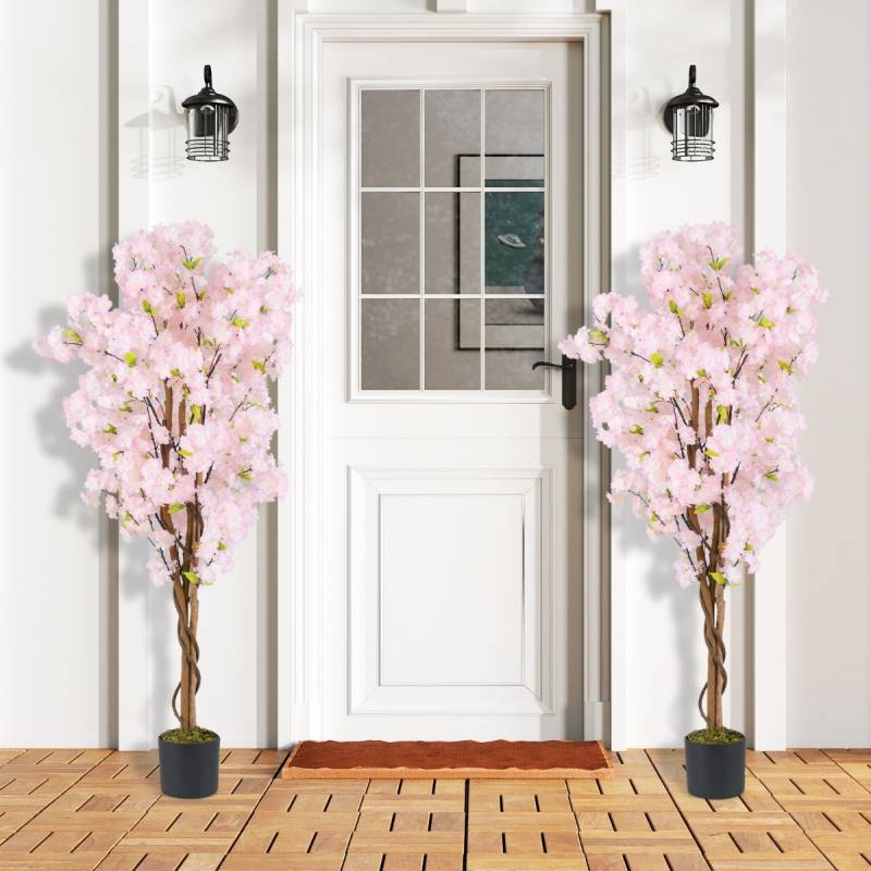 2er Set Kunstbaum mit Blüten 150 cm Kunstpflanze im Topf künstlicher Kirschblütenbaum Rosa von Costway