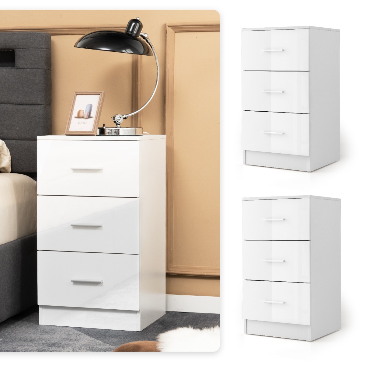 2er Set Nachttisch mit 3 Schubladen Nachtschrank 37,1 x 34,2 x 66,5 cm Weiß von Costway