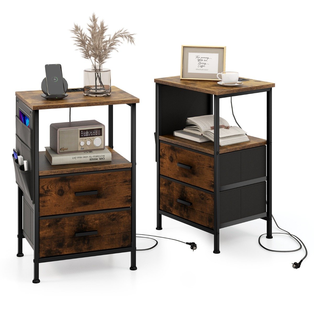 2er Set Nachttisch mit Ladestation & 2 Schubladen & 6 Seitentaschen Industrieller Beistelltisch Braun 2er Set Nachttisch mit Ladestation & 2 Schubladen & 6 Seitentaschen Industrieller Beistelltisch Braun von Costway