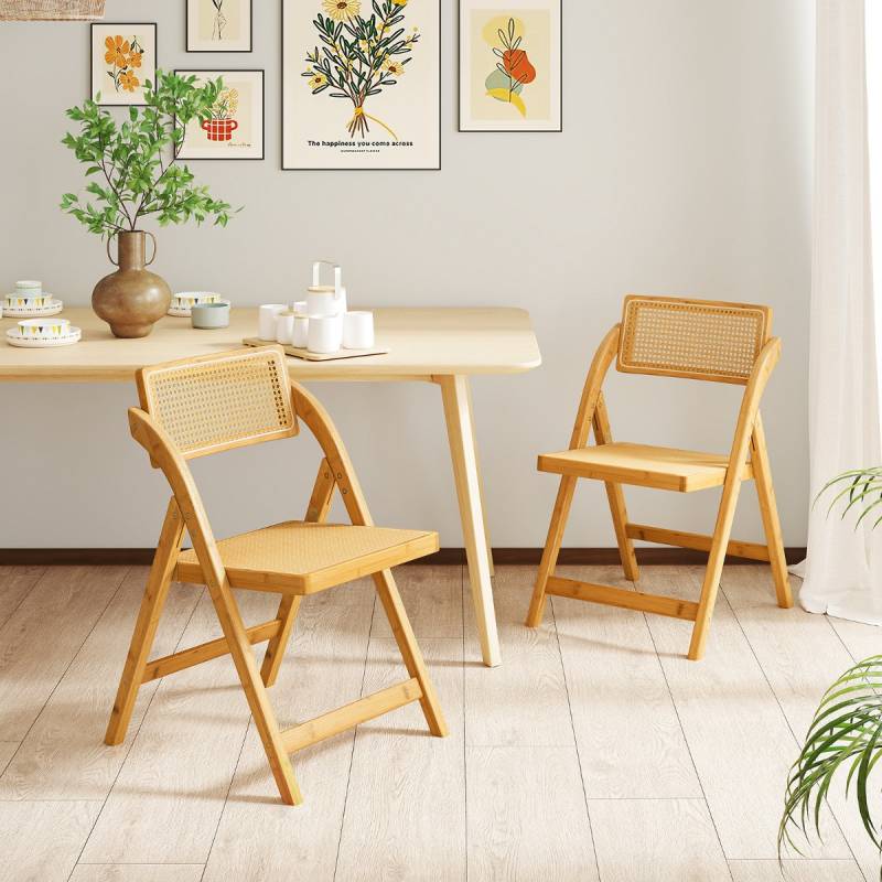 2er Set Rattan Klappstühle mit Bambusrahmen Küchenstühle im Boho-Stil 150 kg Tragkraft von Costway
