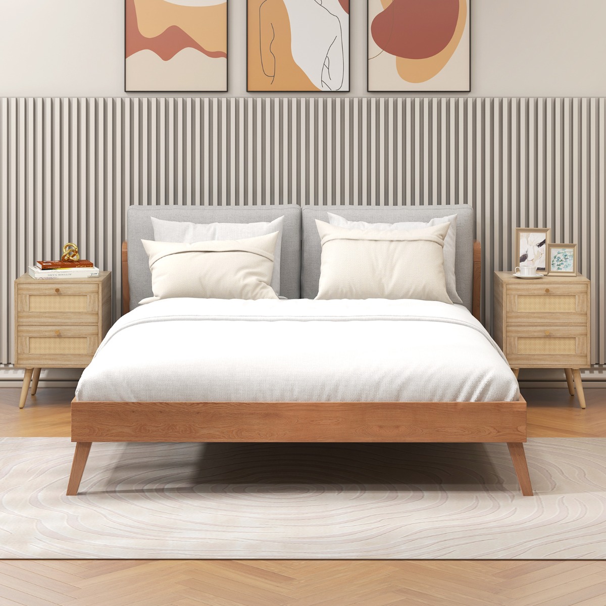 2er Set Rattan Nachttisch im Boho-Stil mit 2 Schubladen & Massivholzbeinen Nachtschrank von Costway