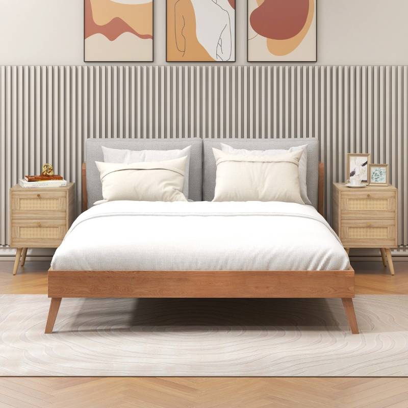 2er Set Rattan Nachttisch im Boho-Stil mit 2 Schubladen & Massivholzbeinen Nachtschrank von Costway