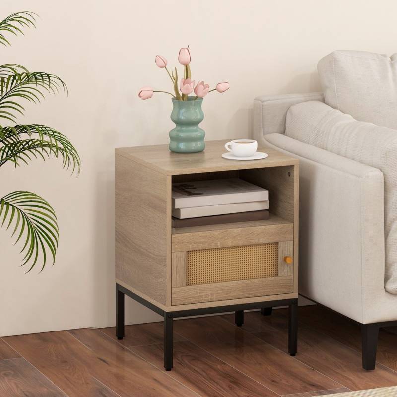 2er Set Rattan Nachttisch mit Offenem Regal & Schrank Nachtschrank Beistelltisch Natur von Costway