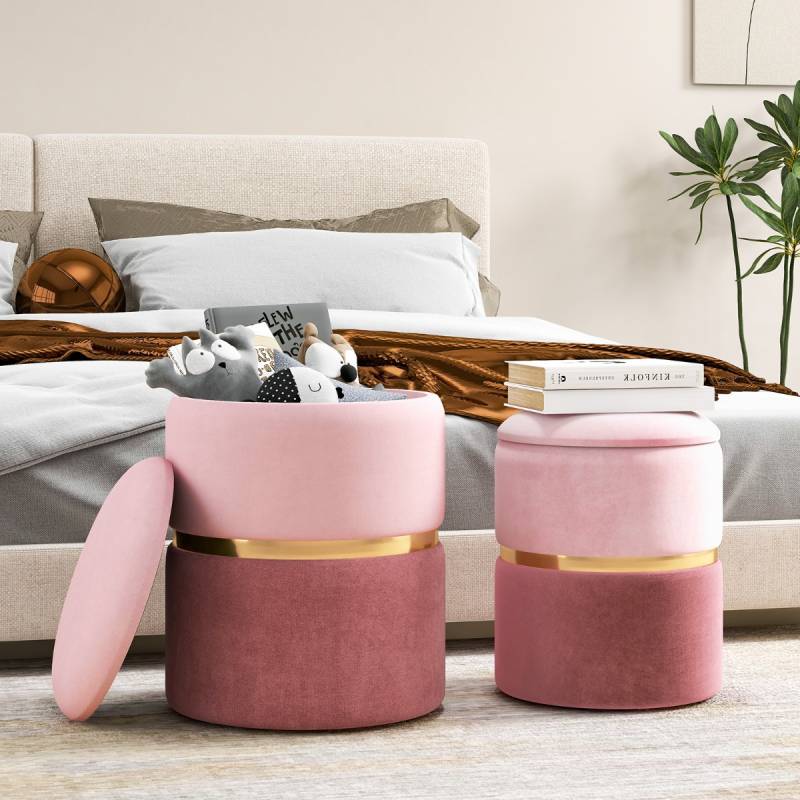 2er-Set Samt Sitzhocker mit 32L + 21L Stauraum Ottomanen Runde Couch Beistellhocker Rosa von Costway