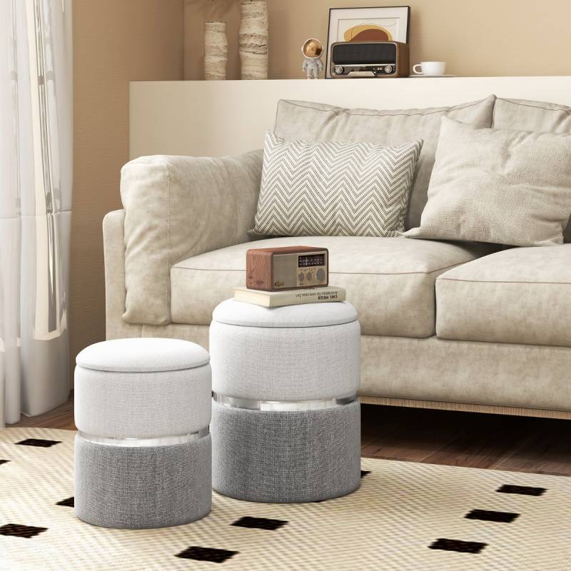 2er-Set Sitzhocker Samt Ottomanen mit 32L + 21L Stauraum Pouf Hocker runde Couch Beistellhocker Grau von Costway