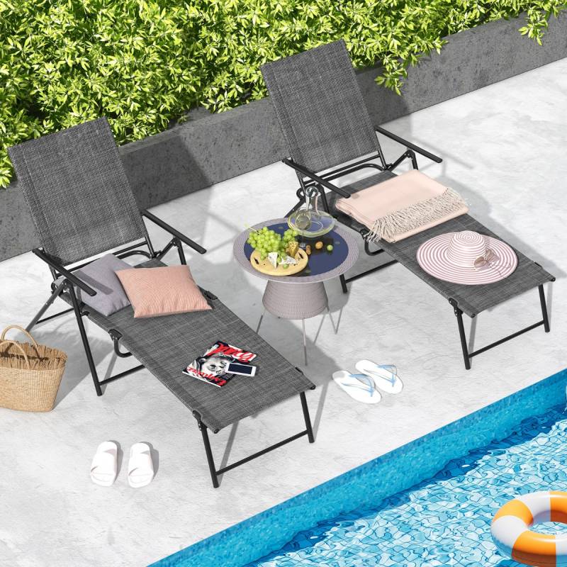 2er Set Sonnenliege klappbar Gartenliege mit Verstellbarer Rückenlehne Grau 155–189 x 64 x 65–102 cm von Costway