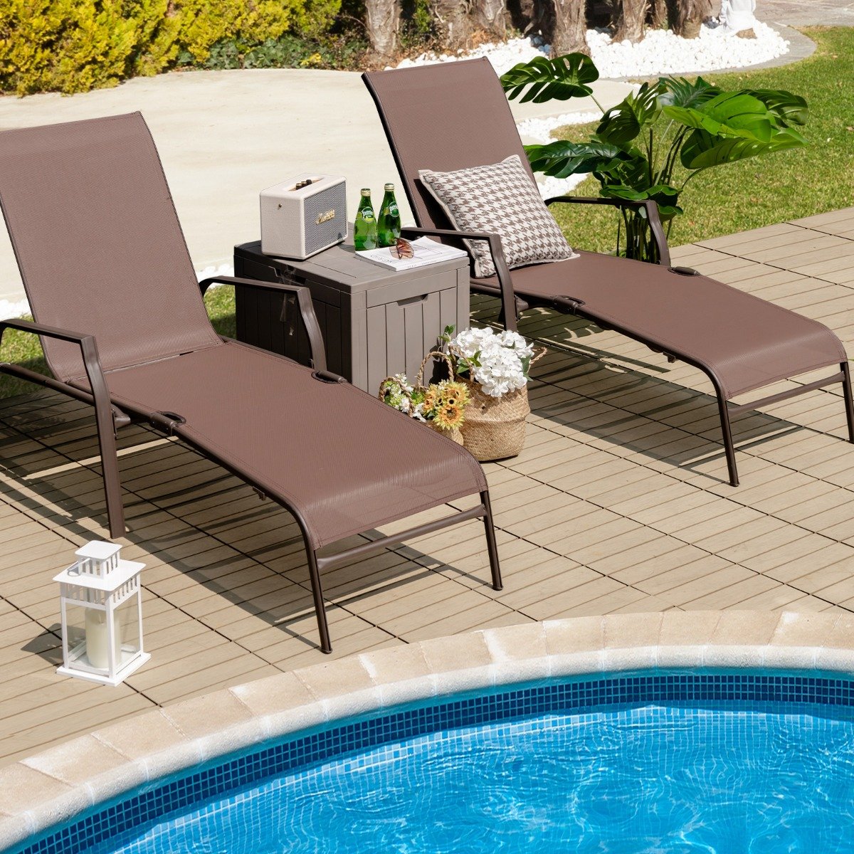 2er Set Sonnenliege mit 5-Positionen Verstellbarer Rückenlehne bis 150 kg Belastbar Gartenliege von Costway