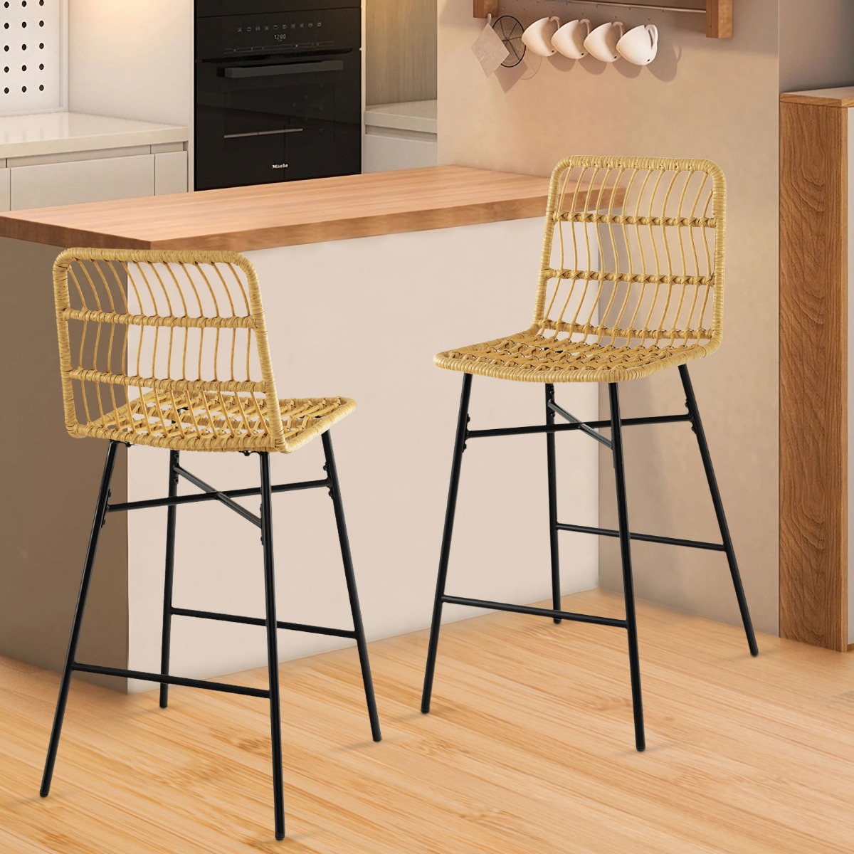 2er-Set aus 104 cm Hohen Rattan-Barhockern 56 x 49 x 104 cm Gelb und Schwarz 2er-Set aus 104 cm Hohen Rattan-Barhockern 56 x 49 x 104 cm Gelb und Schwarz von Costway