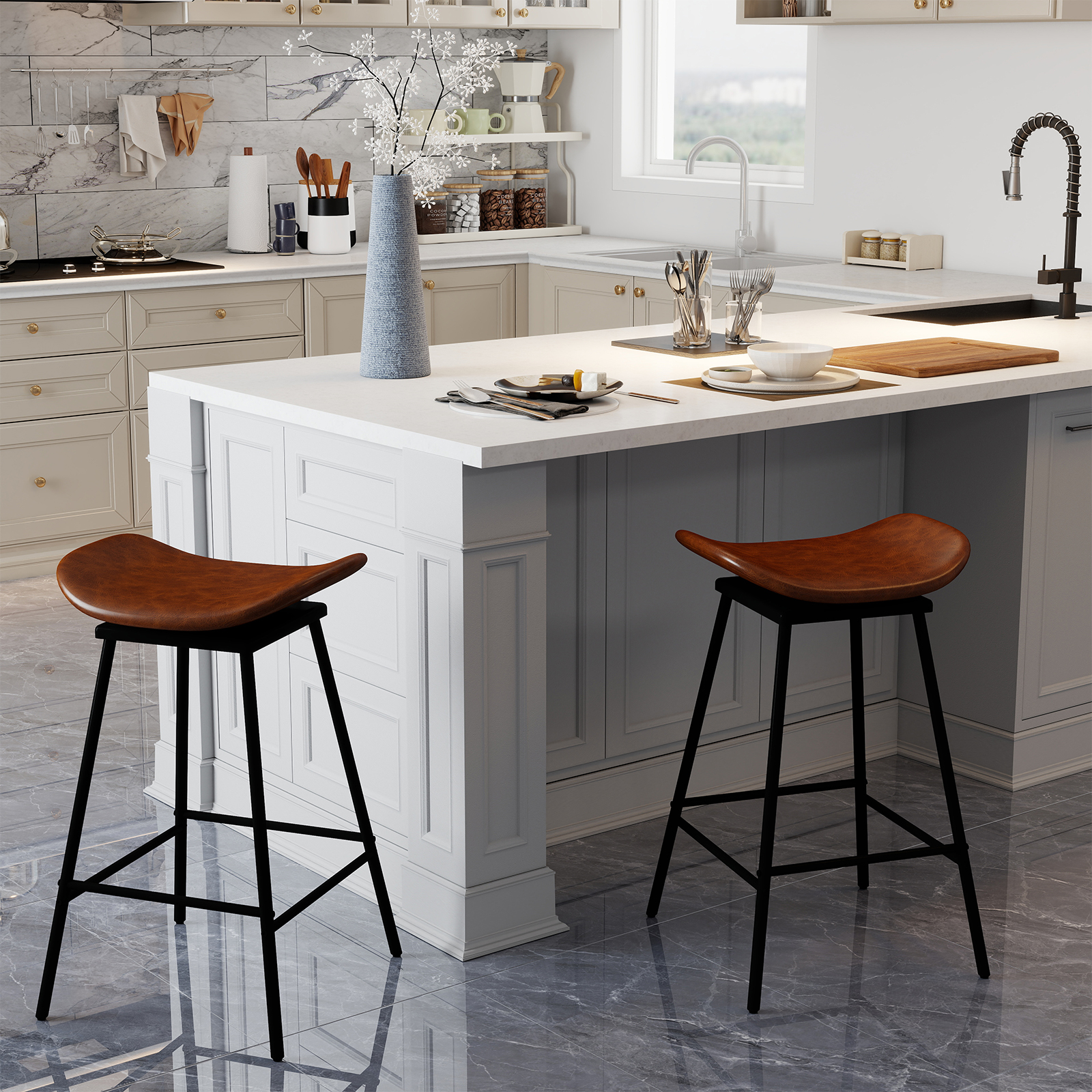 2er-Set drehbare Barhocker Hocker mit gepolstertem Kunstledersitz und Fußstütze moderne hohe Barstuhl Braun von Costway