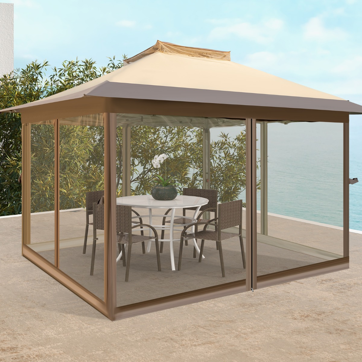 3,6 x 3,6 m Pavillon mit Moskitonetz und Doppeldach UV-Schutz 50+ Faltpavillon Khaki 3,6 x 3,6 m Pavillon mit Moskitonetz und Doppeldach UV-Schutz 50+ Faltpavillon Khaki von Costway