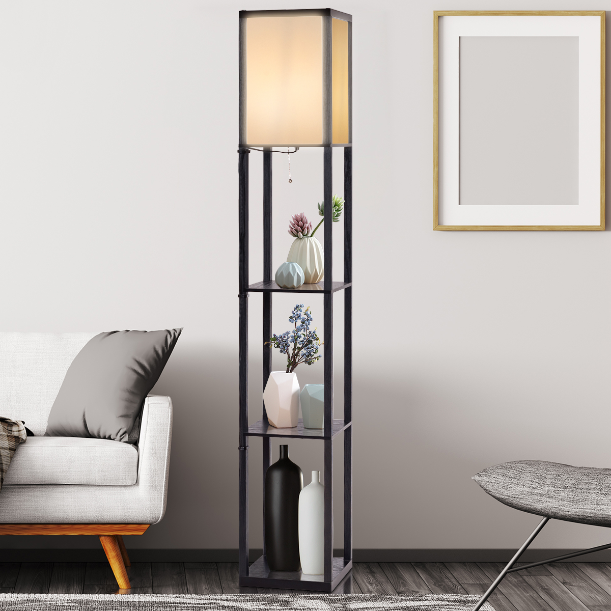 3-Ebene Standleuchte Regal Moderne Stehlampe Bodenlampe 26 x 26 x 160 cm Schwarz von Costway