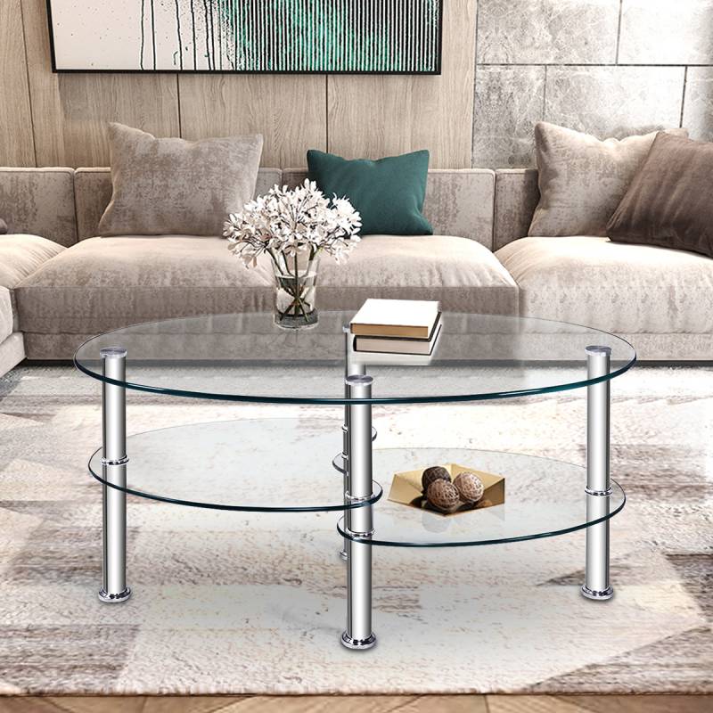 3 Ebenen Glastisch mit Modernem Ovalen Design Dreistufigem Regal Transparent von Costway