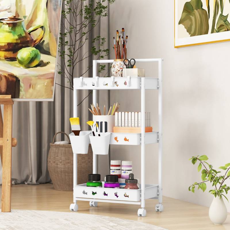 3 Ebenen Rollwagen Servierwagen mit Rollen Küchenwagen mit 2 Hängebechern 42 x 29 x 83 cm Weiß von Costway