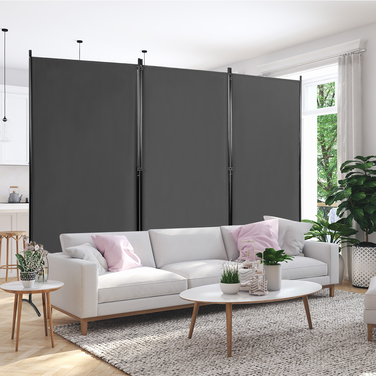 3-Panel Raumteiler Faltbarer Stoffsichtschutz 260 x 183 cm Grau von Costway