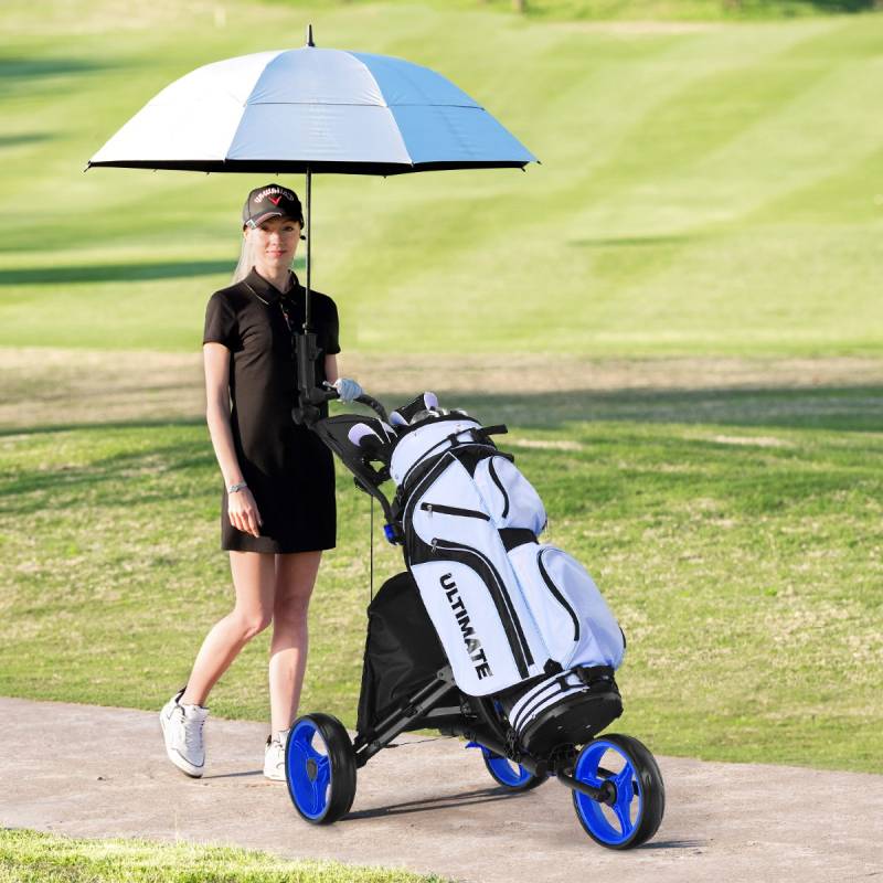 3-Rad Klappbarer Golftrolley mit Anzeigetafel & Schirm & T-Stückhalterung Schwarz + Blau von Costway