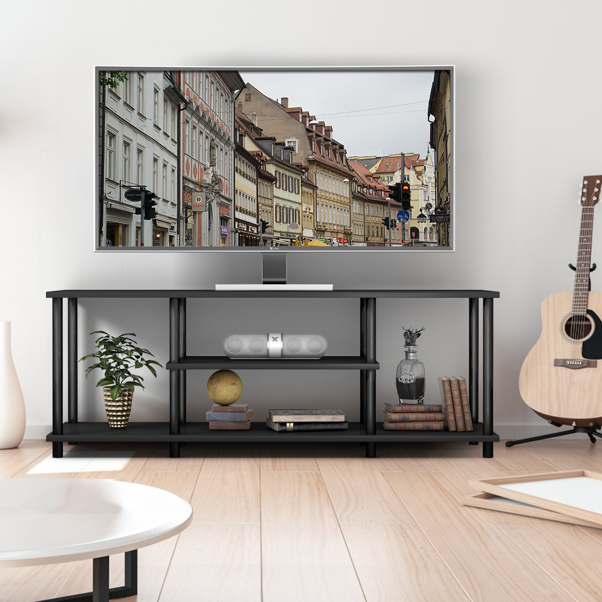3-Stöckiger TV Ständer mit Massivem Metallrahmen und Offenen Spanplattenregalen Schwarz von Costway