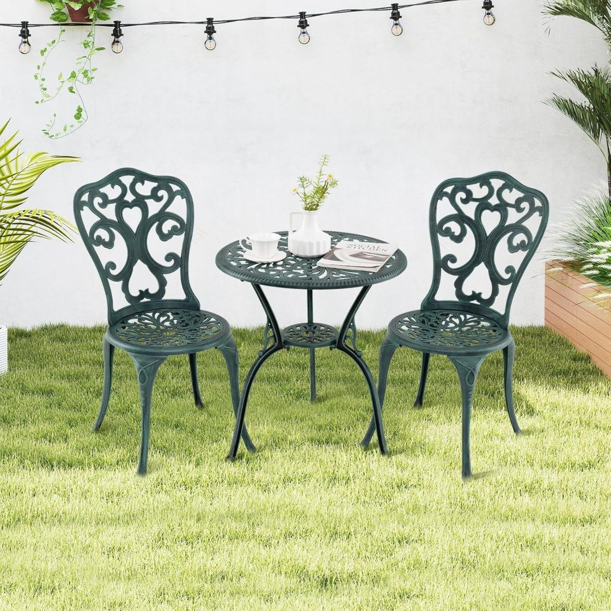 3-TLG. Gartenmöbel Set Aluminiumguss Bistrotisch mit 2 Stühlen Wetterfestes Balkonset Grün von Costway