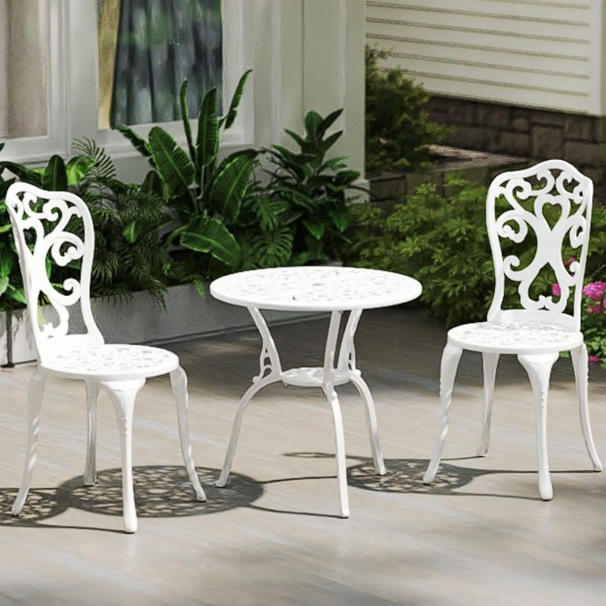 3-TLG. Gartenmöbel Set Aluminiumguss Bistrotisch mit 2 Stühlen Wetterfestes Balkonset Weiß von Costway