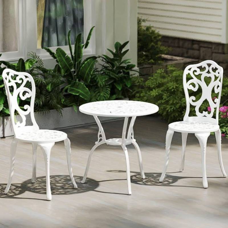 3-TLG. Gartenmöbel Set Aluminiumguss Bistrotisch mit 2 Stühlen Wetterfestes Balkonset Weiß von Costway