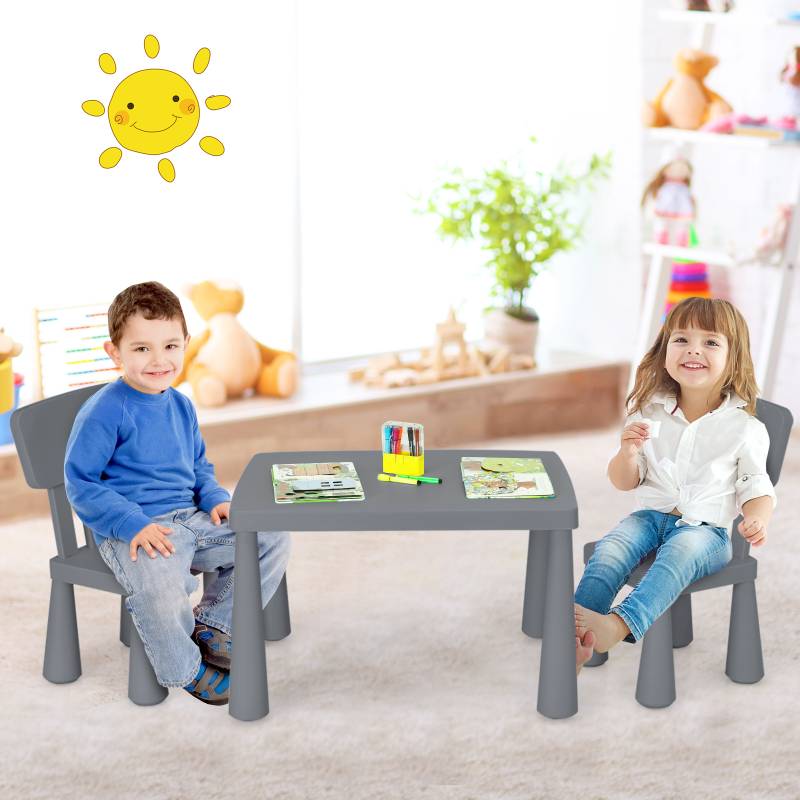 3 TLG. Kindersitzgruppe Kindertisch mit 2 Stühlen Kindermöbel aus Kunststoff Grau von Costway