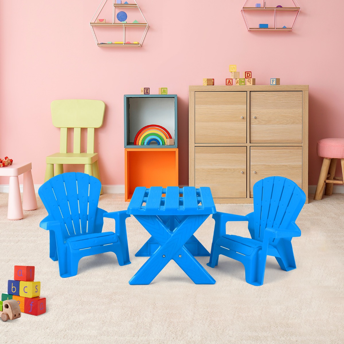 3 TLG. Kindersitzgruppe aus Kunststoff Kindertisch mit 2 Adirondack-Stühlen Blau von Costway