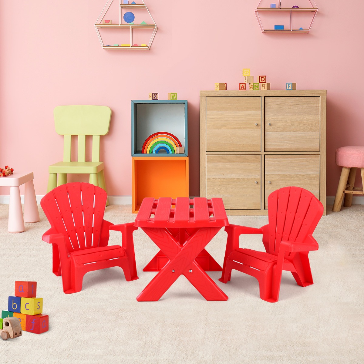 3 TLG. Kindersitzgruppe aus Kunststoff Kindertisch mit 2 Adirondack-Stühlen Rot von Costway