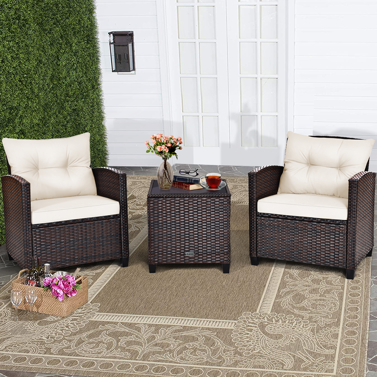 3-TLG. Polyrattan Lounge Set Gartenmöbel Rattan Sitzgruppe mit Sitzkissen & Couchtisch Beige von Costway
