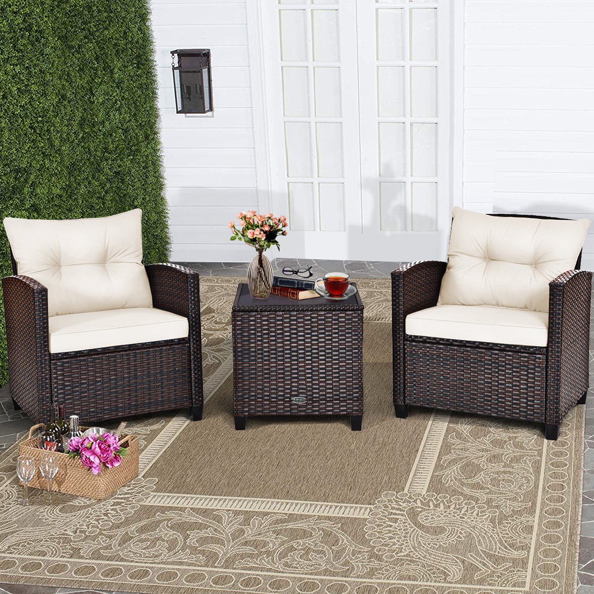 3-TLG. Polyrattan Lounge Set Gartenmöbel Rattan Sitzgruppe mit Sitzkissen & Couchtisch Beige von Costway