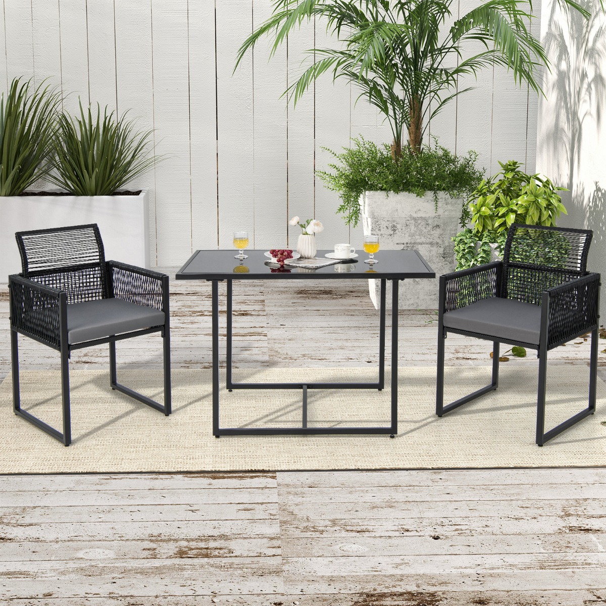 3-Teiliges Outdoor-Dining-Set mit Klappbarer Rückenlehne & Sitzkissen Terrassenmöbel-Set von Costway