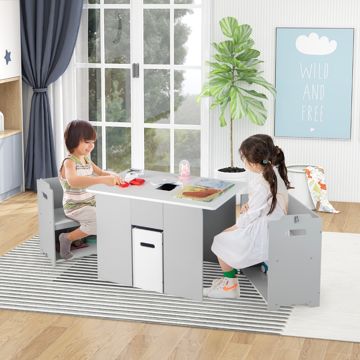 3-Teiliges Set aus Tisch & Stühlen für Kinder 4-in-1 Aktivitätstisch mit 2 Stapelbaren Stühlen Grau & Weiß 3-Teiliges Set aus Tisch & Stühlen für Kinder 4-in-1 Aktivitätstisch mit 2 Stapelbaren Stühlen Grau & Weiß von Costway